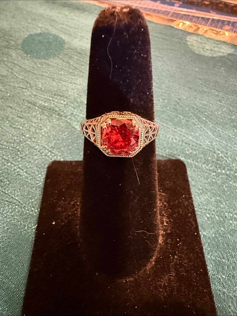 Vintage-Style Silver Filigree Ring with Red Center Stone